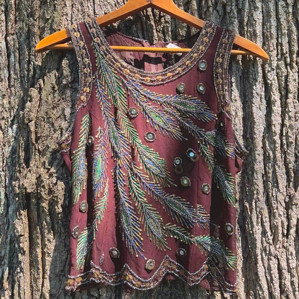 Vintage 1980s /90s hand made beaded embroidery silk camisole top. Made in India